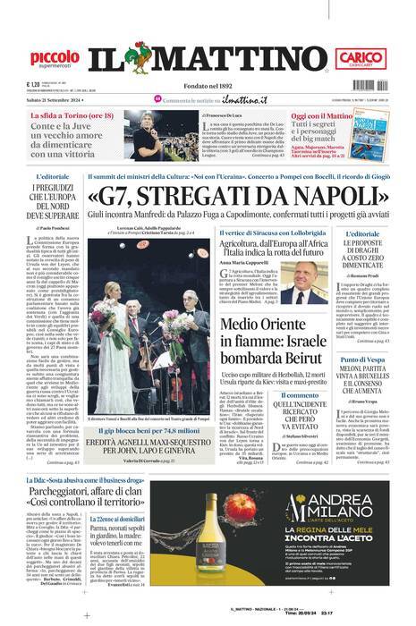 Il Mattino prima pagina di oggi 
            Edizione di Oggi, Sabato 21 Settembre 2024