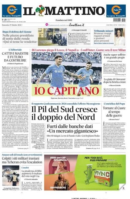 Il Mattino prima pagina di oggi 
            Edizione di Oggi, Domenica 27 Ottobre 2024