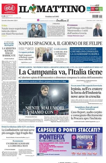 Il Mattino prima pagina di oggi 
            Edizione di Oggi, Giovedì 12 Dicembre 2024