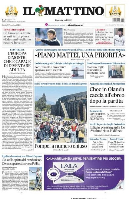 Il Mattino prima pagina di oggi 
            Edizione di Oggi, Sabato 09 Novembre 2024