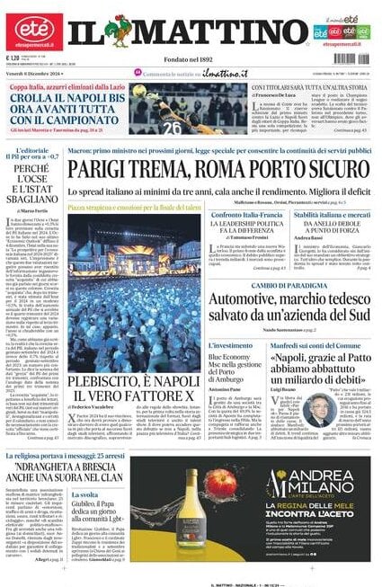 Il Mattino prima pagina di oggi 
            Edizione di Oggi, Venerdì 06 Dicembre 2024