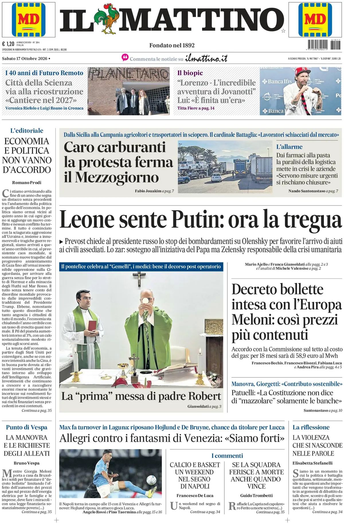 Il Mattino, prima pagina
