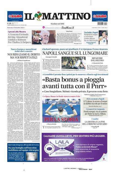 Il Mattino prima pagina di oggi 
            Edizione di Oggi, Domenica 08 Settembre 2024