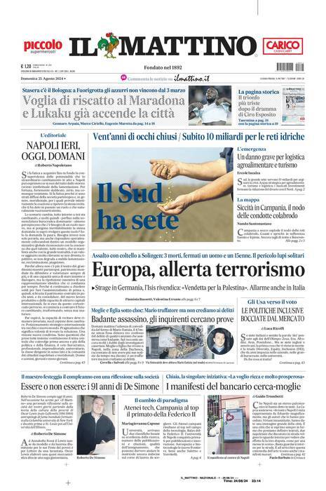 Il Mattino prima pagina di oggi 
            Edizione di Oggi, Domenica 25 Agosto 2024