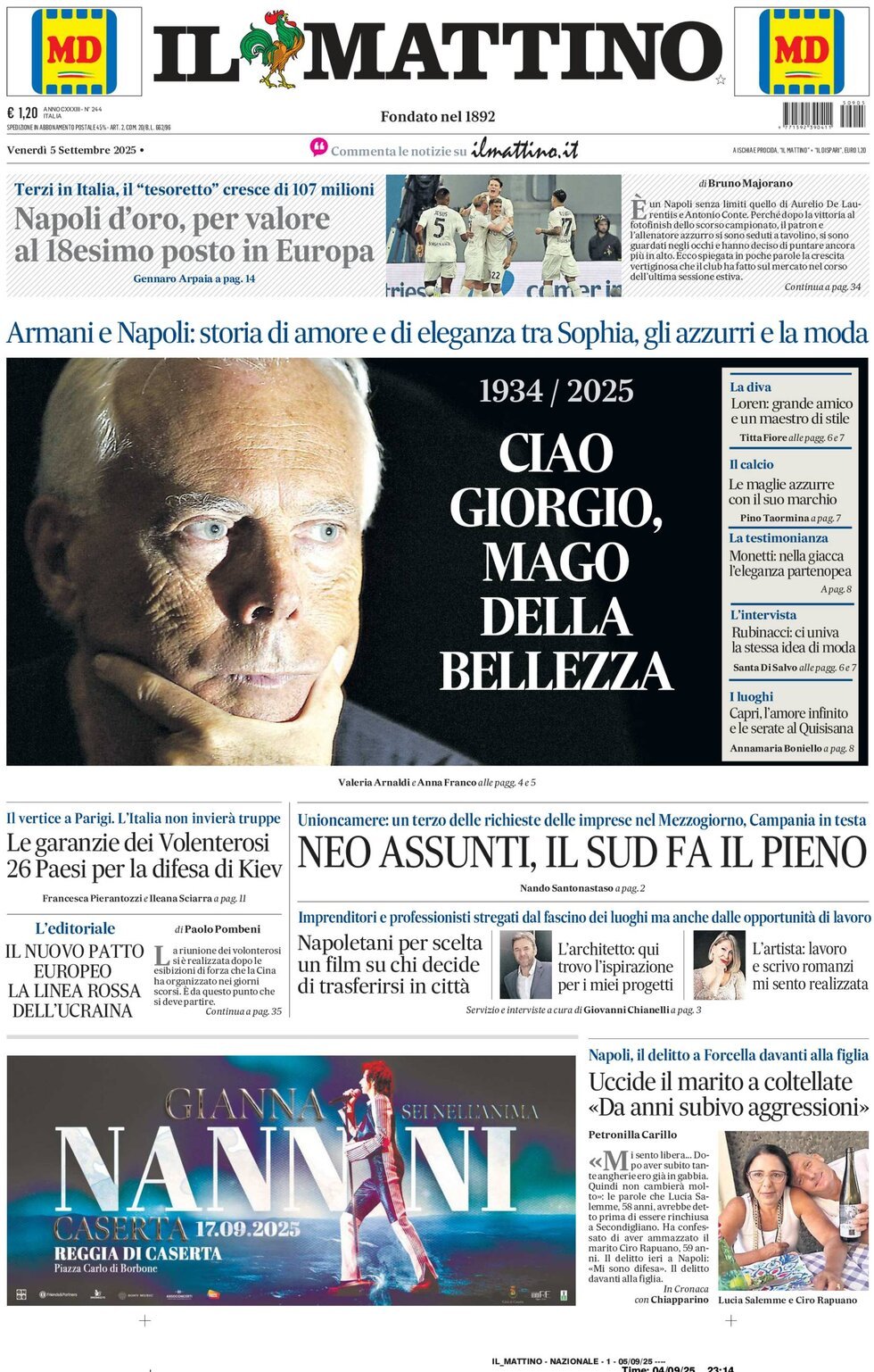 Il Mattino prima pagina di oggi 
            Edizione di Oggi, Venerdì 05 Settembre 2025