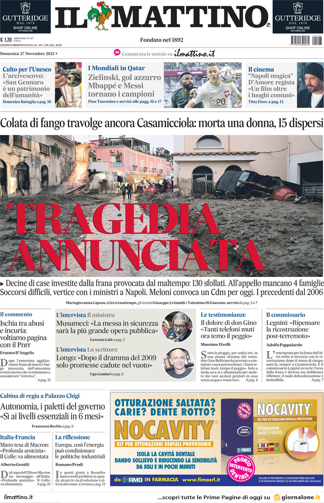 Il Mattino, prima pagina