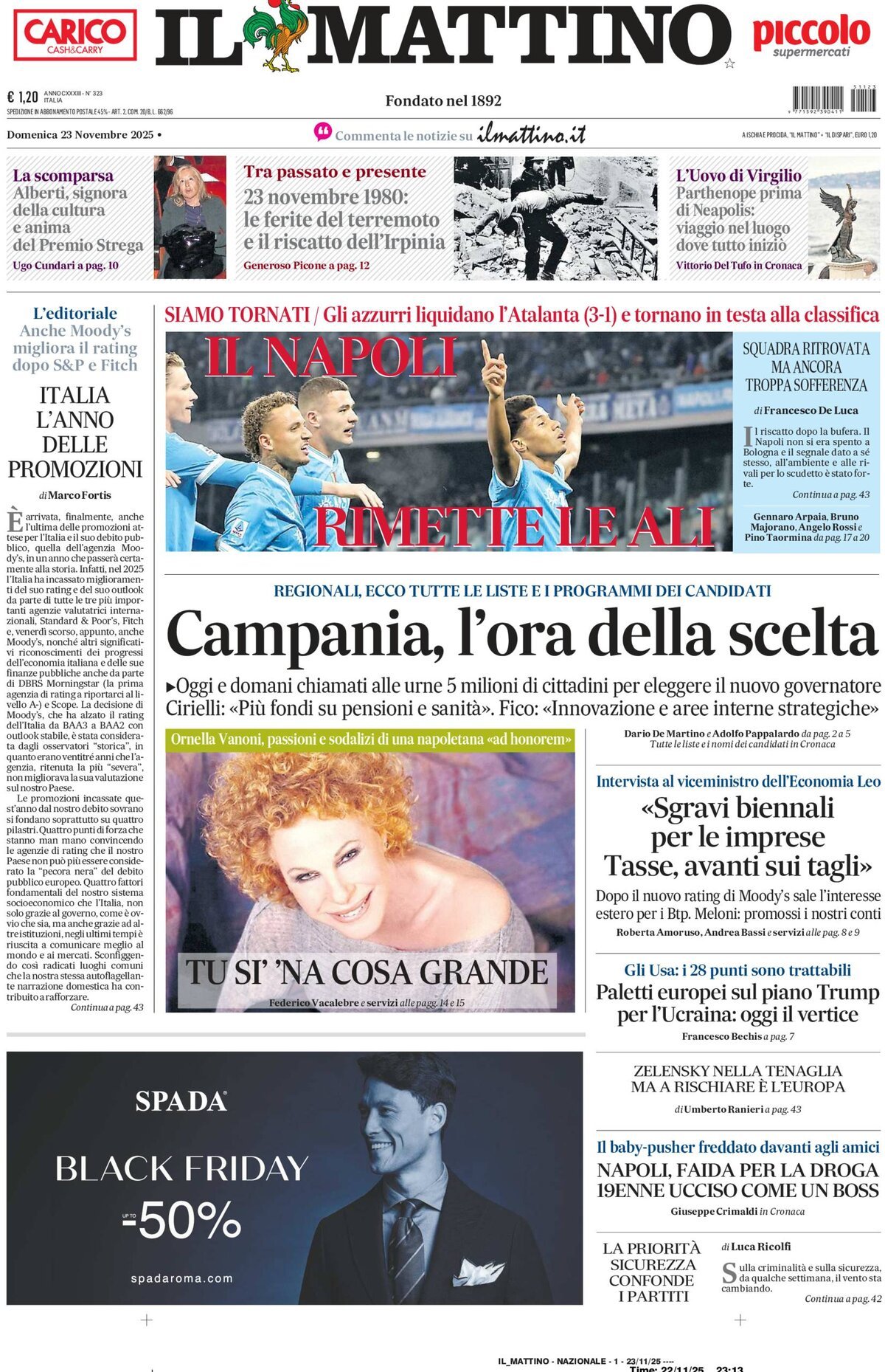 Il Mattino prima pagina di oggi 
            Edizione di Ieri, Sabato 22 Novembre 2025
