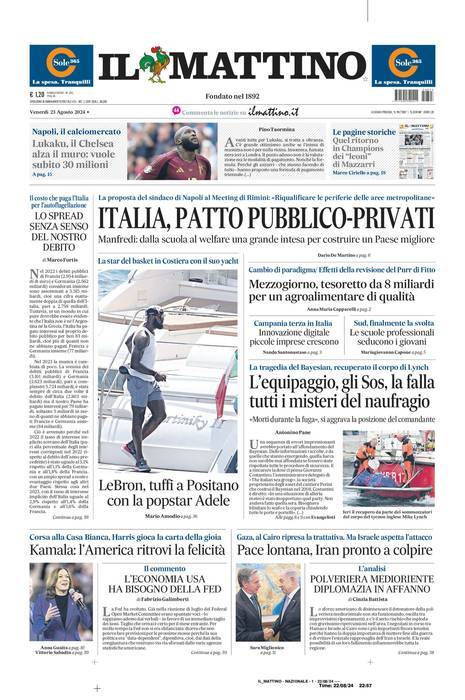 Il Mattino prima pagina di oggi 
            Edizione di Oggi, Venerdì 23 Agosto 2024