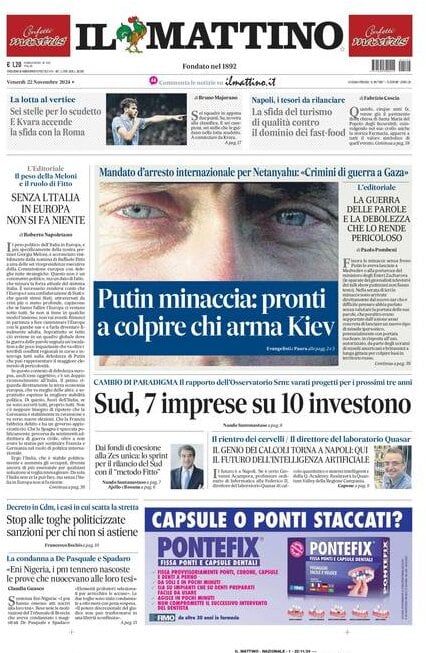 Il Mattino prima pagina di oggi 
            Edizione di Oggi, Venerdì 22 Novembre 2024