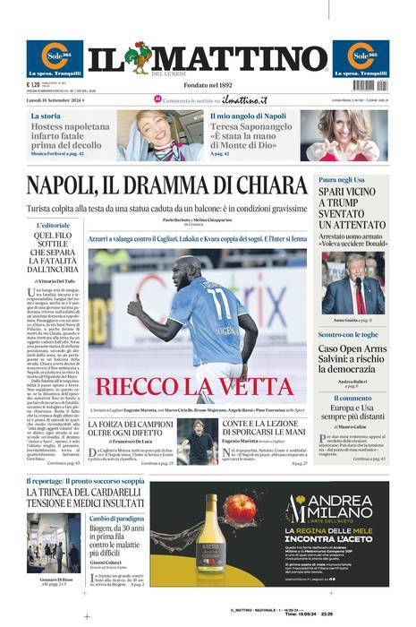 Il Mattino prima pagina di oggi 
            Edizione di Oggi, Lunedì 16 Settembre 2024