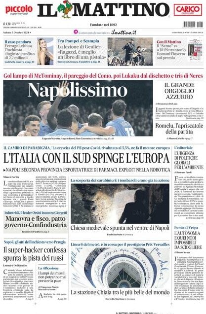 Il Mattino prima pagina di oggi 
            Edizione di Oggi, Sabato 05 Ottobre 2024