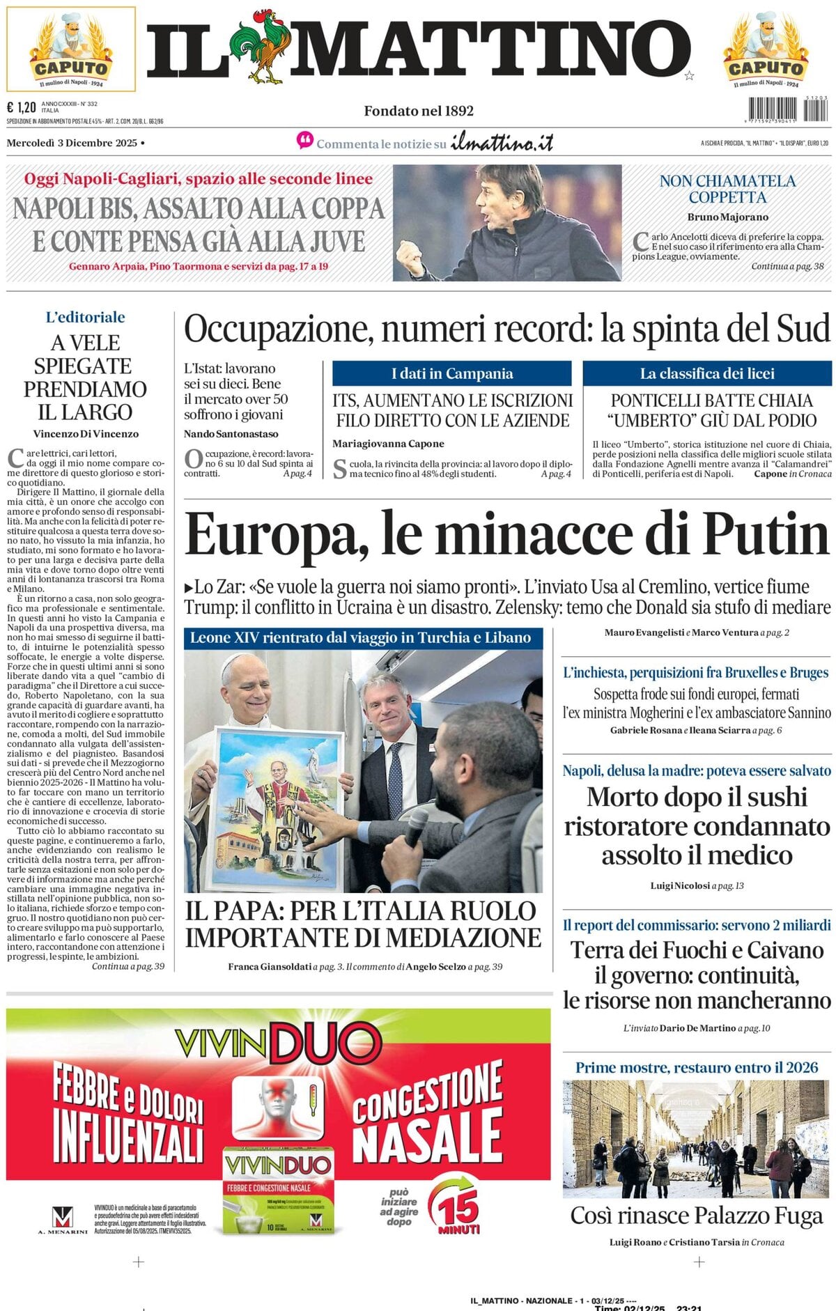 Il Mattino, prima pagina
