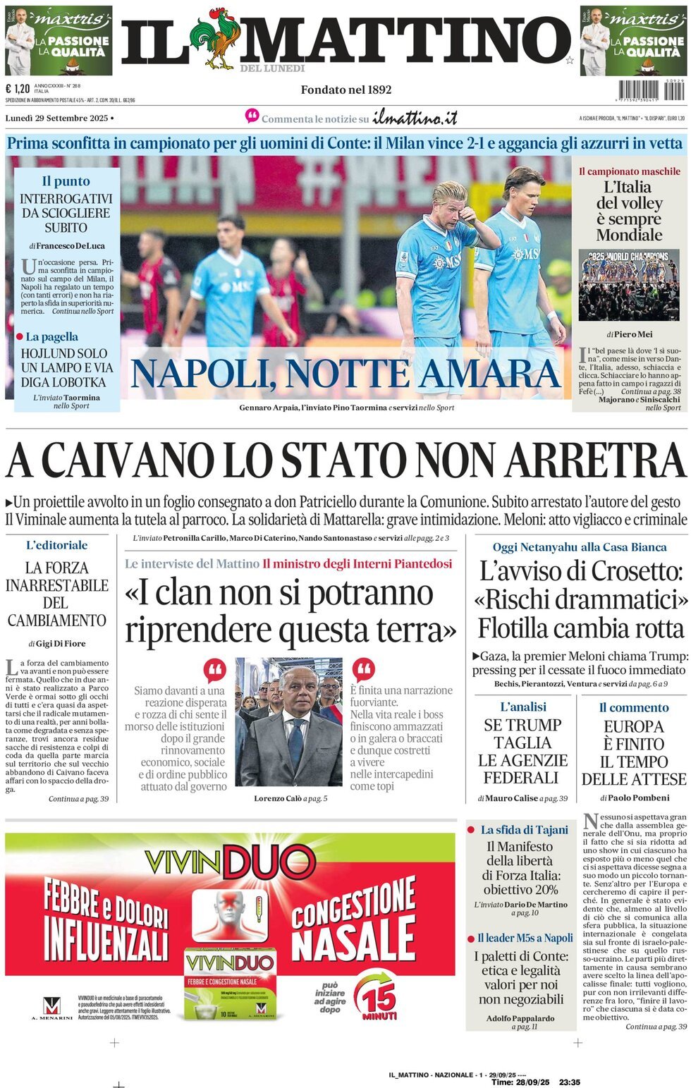 Il Mattino prima pagina di oggi 
            Edizione di Oggi, Lunedì 29 Settembre 2025