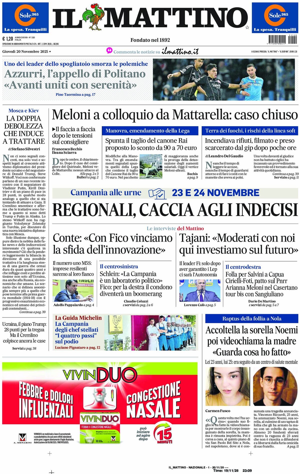 Il Mattino prima pagina di oggi 
            Edizione di Oggi, Giovedì 20 Novembre 2025