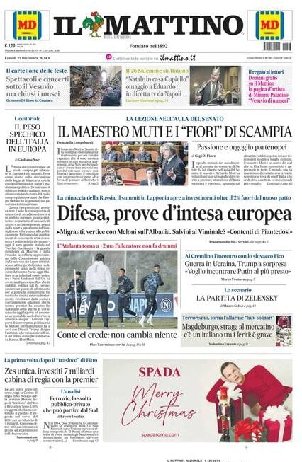 Il Mattino prima pagina di oggi 
            Edizione di Oggi, Lunedì 23 Dicembre 2024