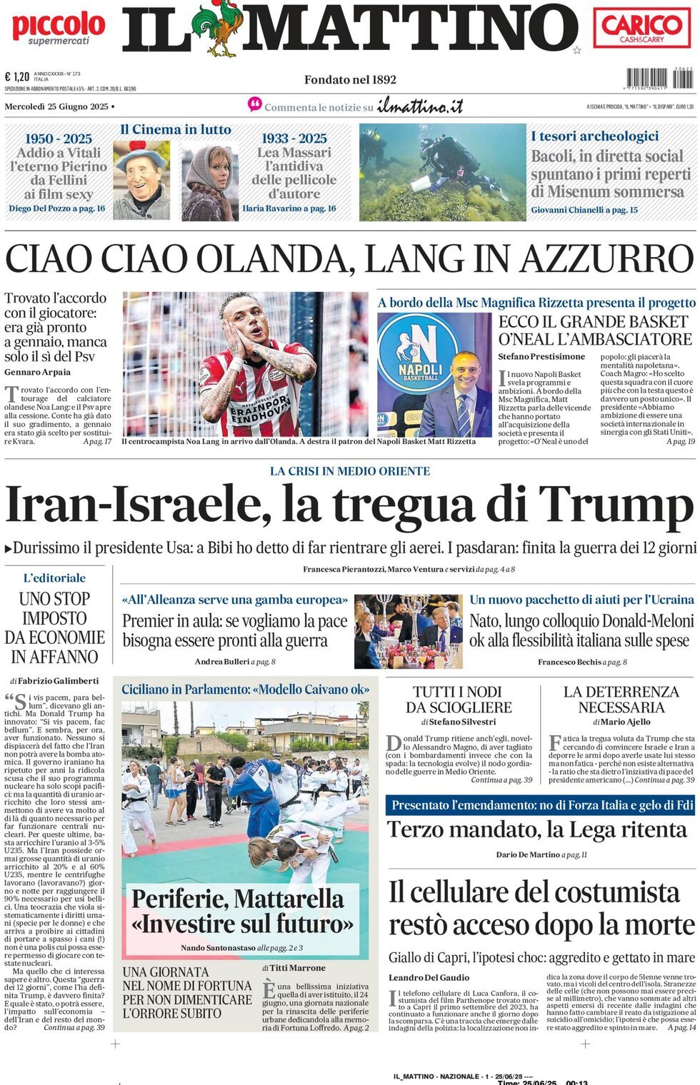 Il Mattino, prima pagina