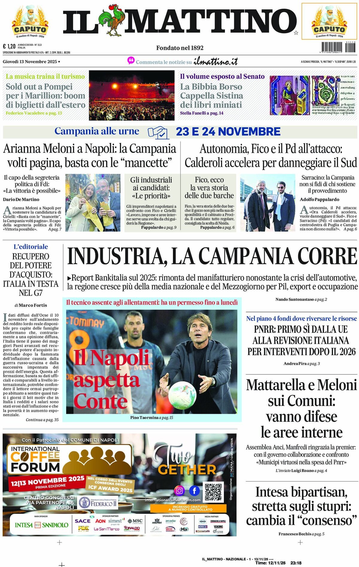 Il Mattino prima pagina di oggi 
            Edizione di Oggi, Giovedì 13 Novembre 2025