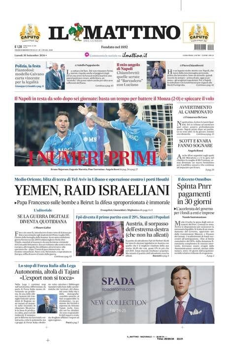 Il Mattino prima pagina di oggi 
            Edizione di Oggi, Lunedì 30 Settembre 2024