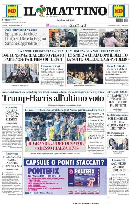 Il Mattino prima pagina di oggi 
            Edizione di Oggi, Lunedì 04 Novembre 2024