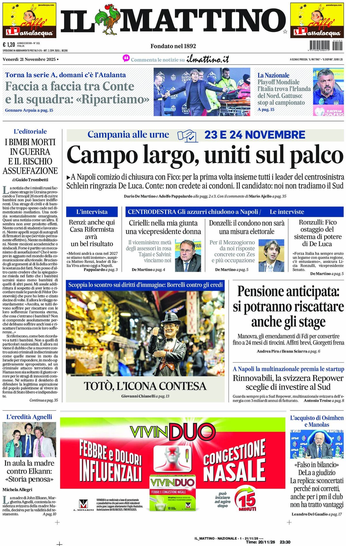 Il Mattino prima pagina di oggi 
            Edizione di Oggi, Venerdì 21 Novembre 2025