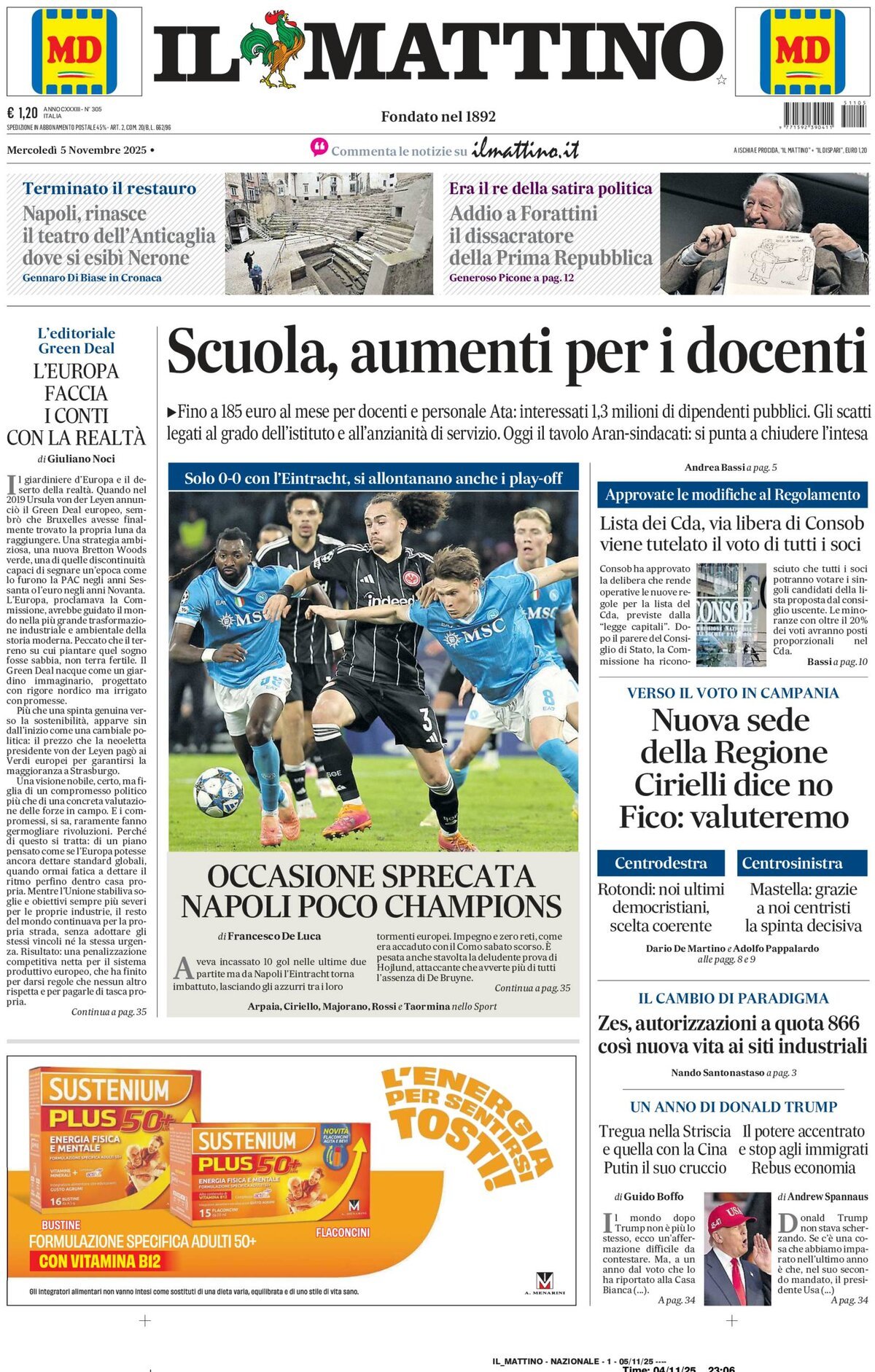 Il Mattino prima pagina di oggi 
            Edizione di Oggi, Mercoledì 05 Novembre 2025