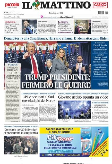 Il Mattino prima pagina di oggi 
            Edizione di Oggi, Giovedì 07 Novembre 2024