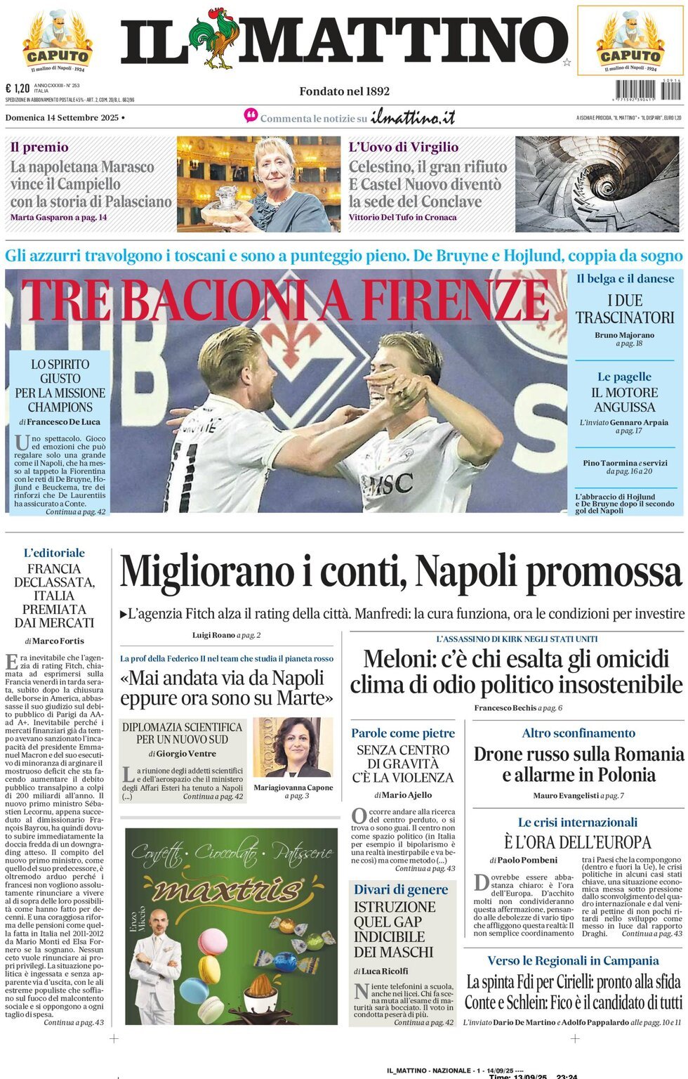 Il Mattino prima pagina di oggi 
            Edizione di Oggi, Domenica 14 Settembre 2025