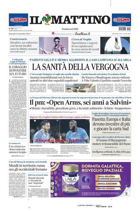 Il Mattino prima pagina di oggi 
            Edizione di Oggi, Domenica 15 Settembre 2024