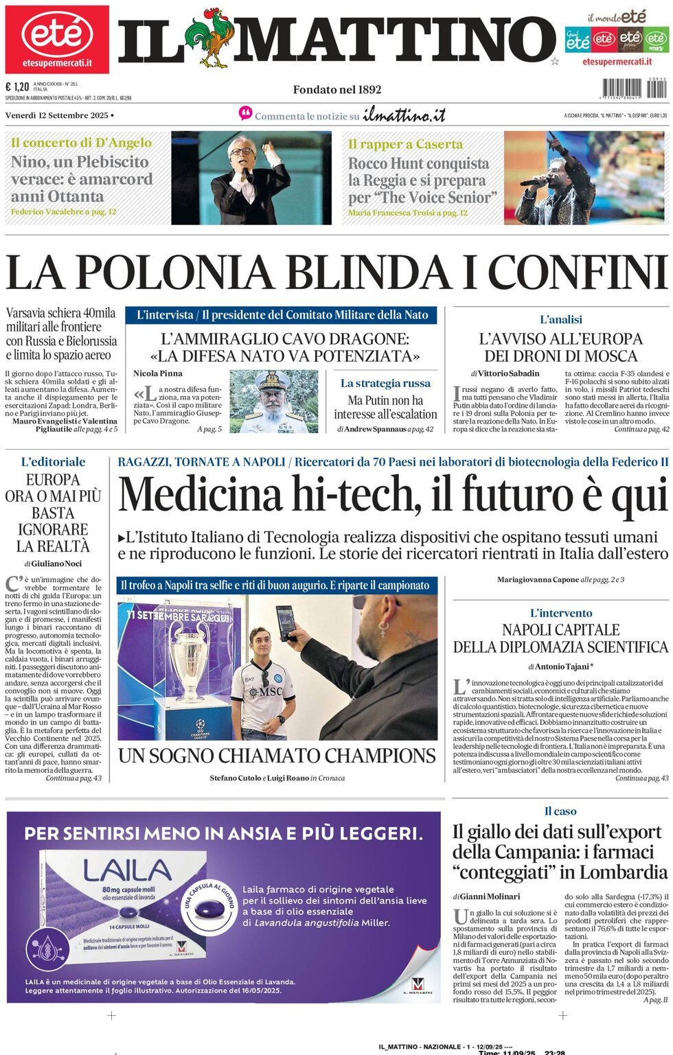 Il Mattino prima pagina di oggi 
            Edizione di Oggi, Venerdì 12 Settembre 2025