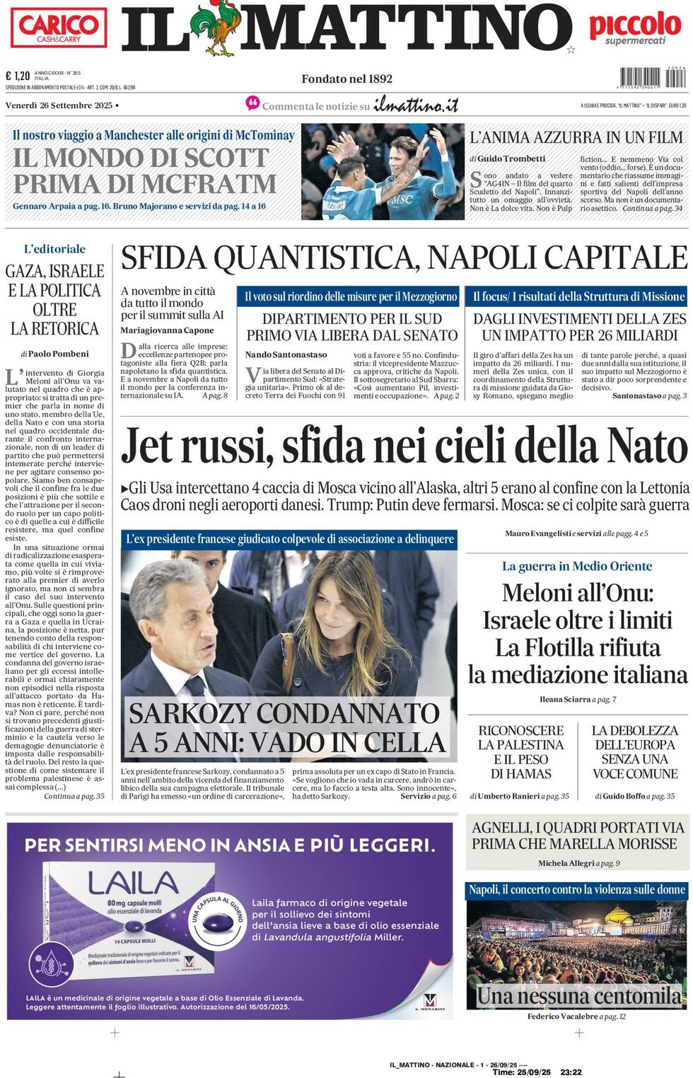 Il Mattino prima pagina di oggi 
            Edizione di Oggi, Venerdì 26 Settembre 2025