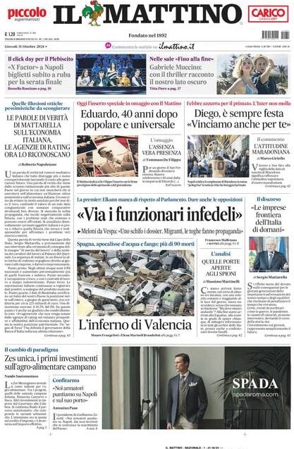 Il Mattino prima pagina di oggi 
            Edizione di Oggi, Giovedì 31 Ottobre 2024