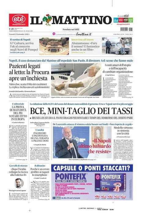 Il Mattino prima pagina di oggi 
            Edizione di Oggi, Venerdì 13 Settembre 2024