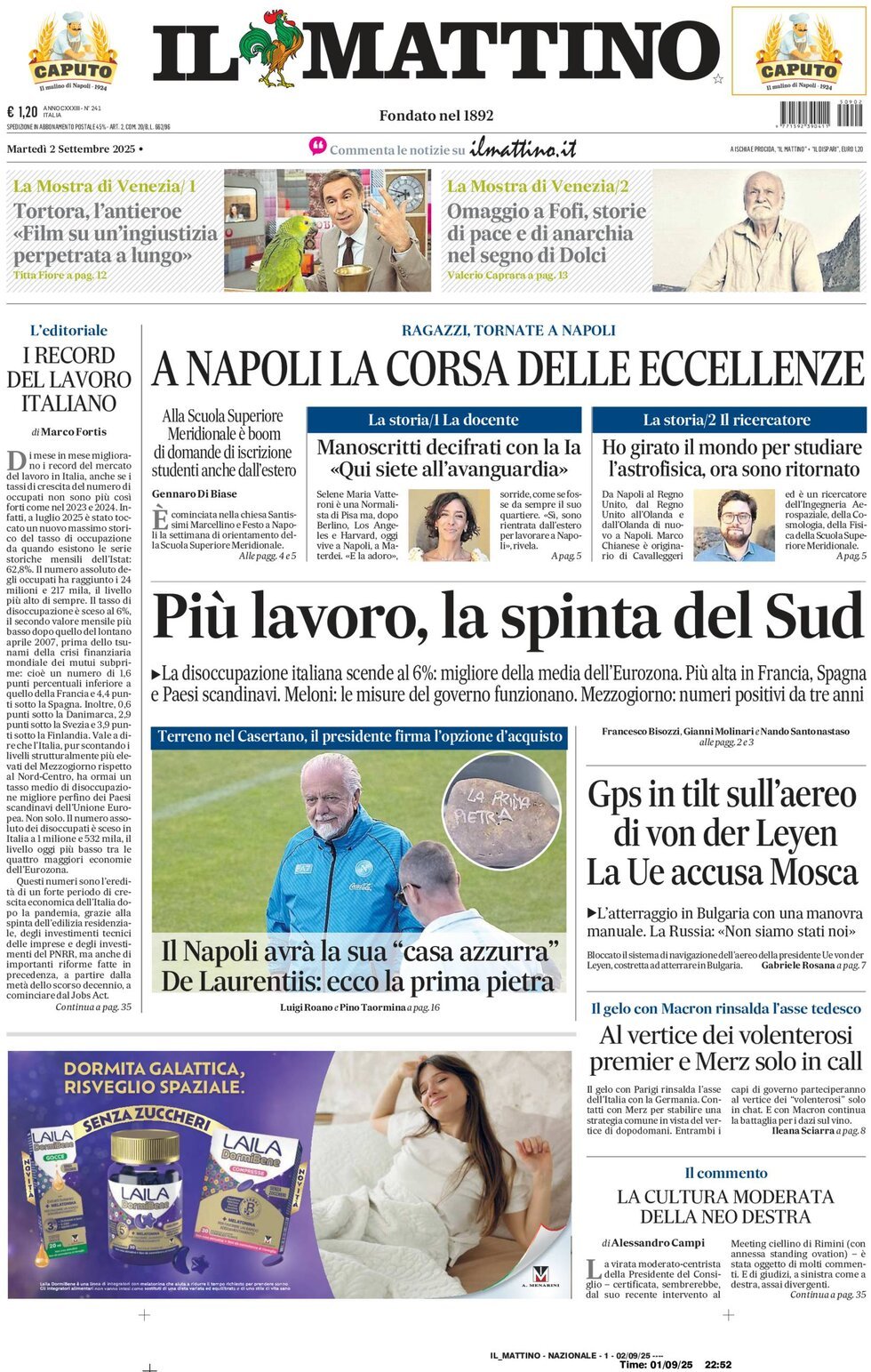 Il Mattino prima pagina di oggi 
            Edizione di Ieri, Lunedì 01 Settembre 2025