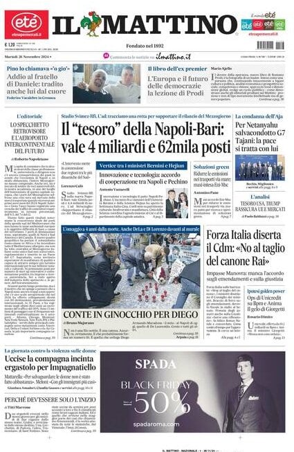 Il Mattino prima pagina di oggi 
            Edizione di Oggi, Martedì 26 Novembre 2024