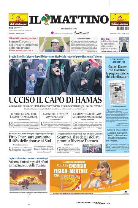 Il Mattino prima pagina di oggi 
            Edizione di Oggi, Giovedì 01 Agosto 2024