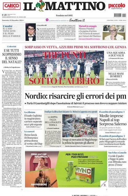 Il Mattino prima pagina di oggi 
            Edizione di Oggi, Domenica 22 Dicembre 2024