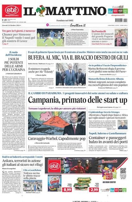 Il Mattino prima pagina di oggi 
            Edizione di Oggi, Giovedì 24 Ottobre 2024