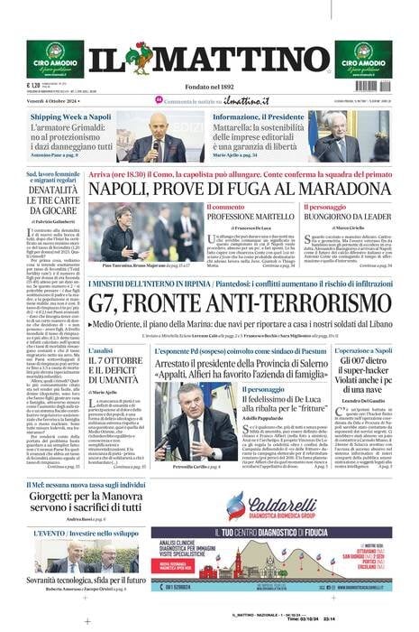 Il Mattino prima pagina di oggi 
            Edizione di Oggi, Venerdì 04 Ottobre 2024