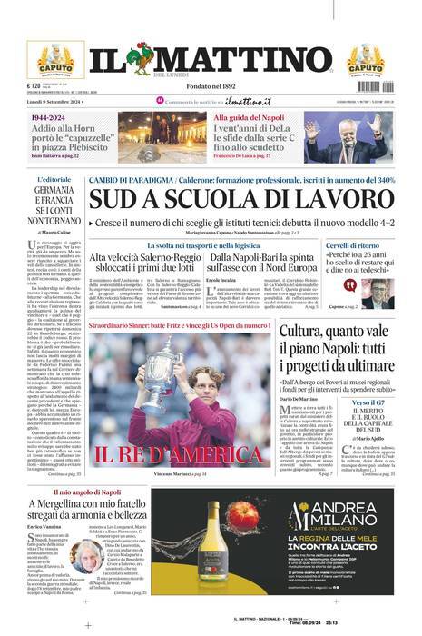 Il Mattino prima pagina di oggi 
            Edizione di Oggi, Lunedì 09 Settembre 2024