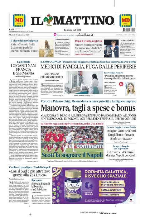 Il Mattino prima pagina di oggi 
            Edizione di Oggi, Martedì 10 Settembre 2024