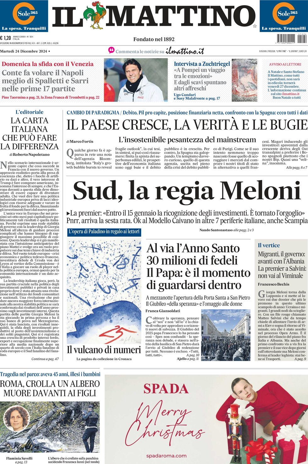 Il Mattino prima pagina di oggi 
            Edizione di Ieri, Martedì 24 Dicembre 2024