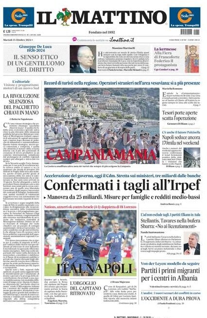 Il Mattino prima pagina di oggi 
            Edizione di Oggi, Martedì 15 Ottobre 2024