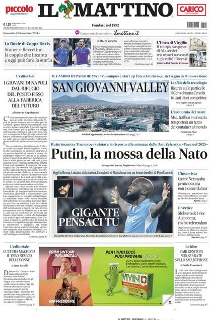 Il Mattino prima pagina di oggi 
            Edizione di Oggi, Domenica 24 Novembre 2024