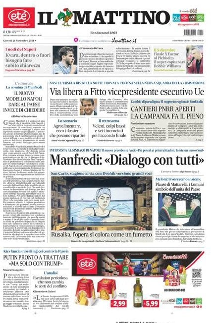 Il Mattino prima pagina di oggi 
            Edizione di Oggi, Giovedì 21 Novembre 2024