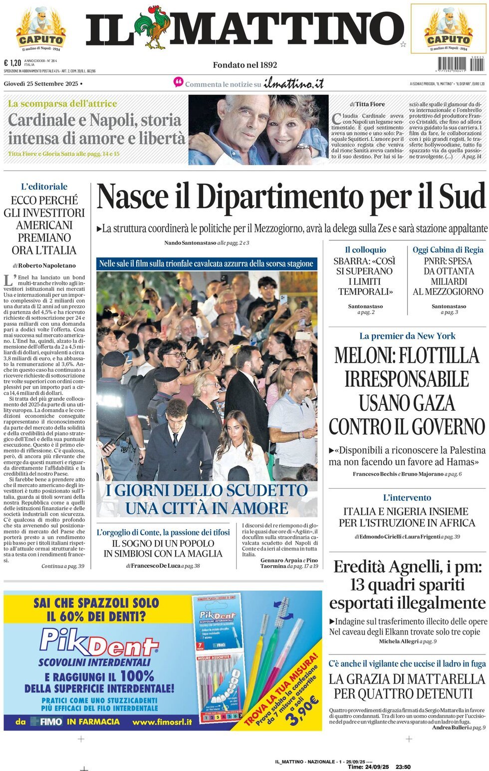 Il Mattino prima pagina di oggi 
            Edizione di Oggi, Giovedì 25 Settembre 2025