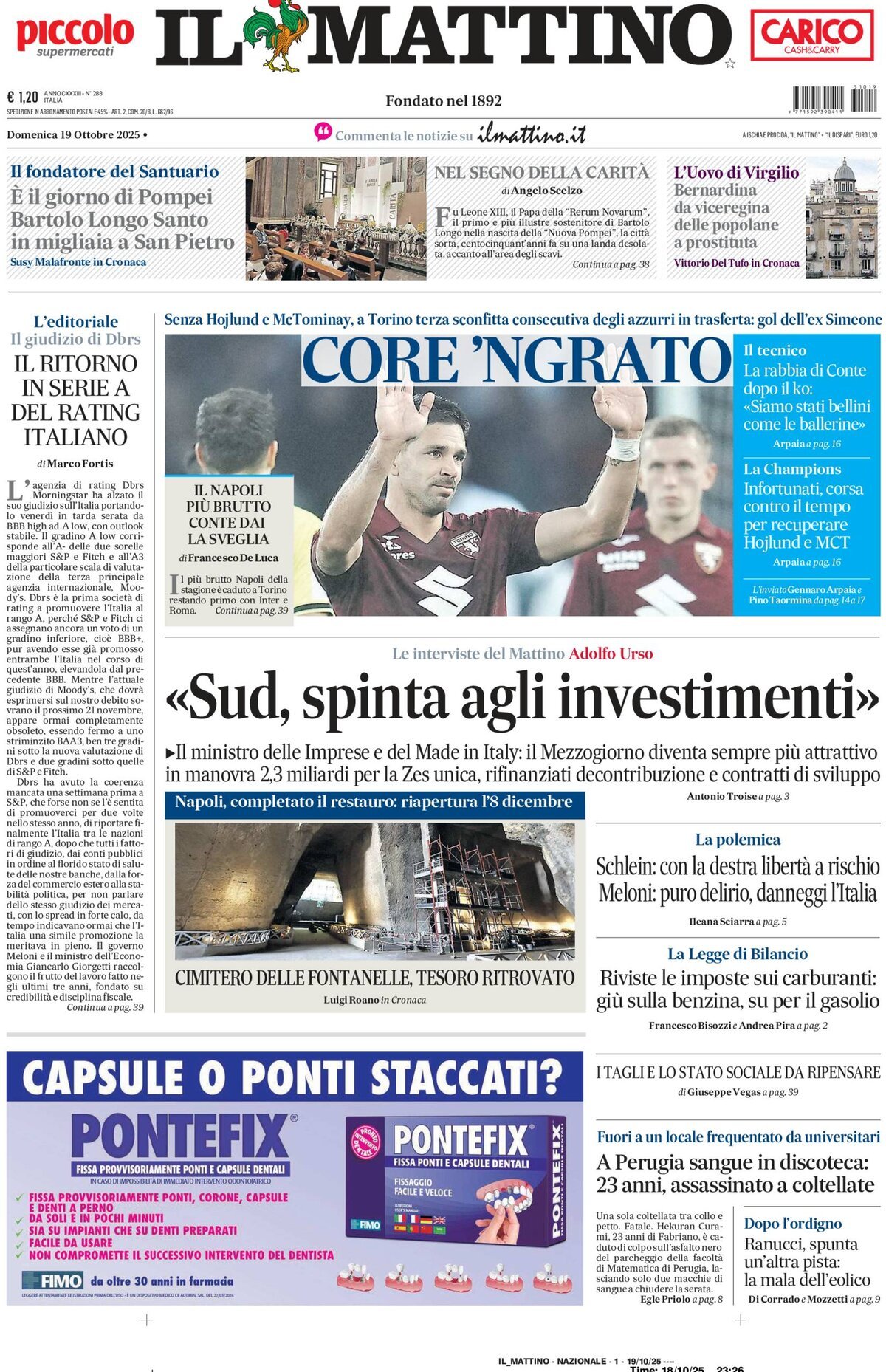 Il Mattino prima pagina di oggi 
            Edizione di Oggi, Domenica 19 Ottobre 2025