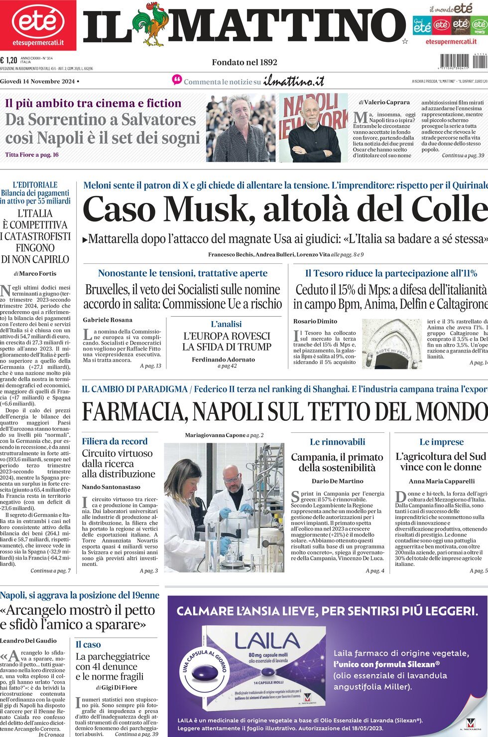 Il Mattino prima pagina di oggi 
            Edizione di Ieri, Giovedì 14 Novembre 2024