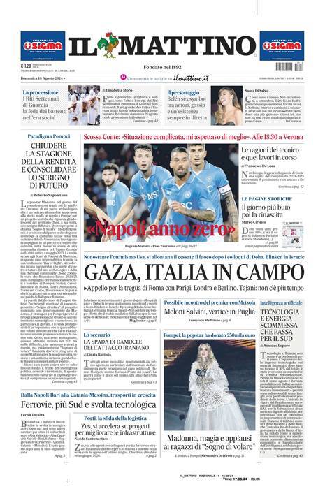 Il Mattino prima pagina di oggi 
            Edizione di Oggi, Domenica 18 Agosto 2024