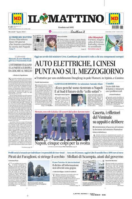 Il Mattino prima pagina di oggi 
            Edizione di Oggi, Mercoledì 07 Agosto 2024