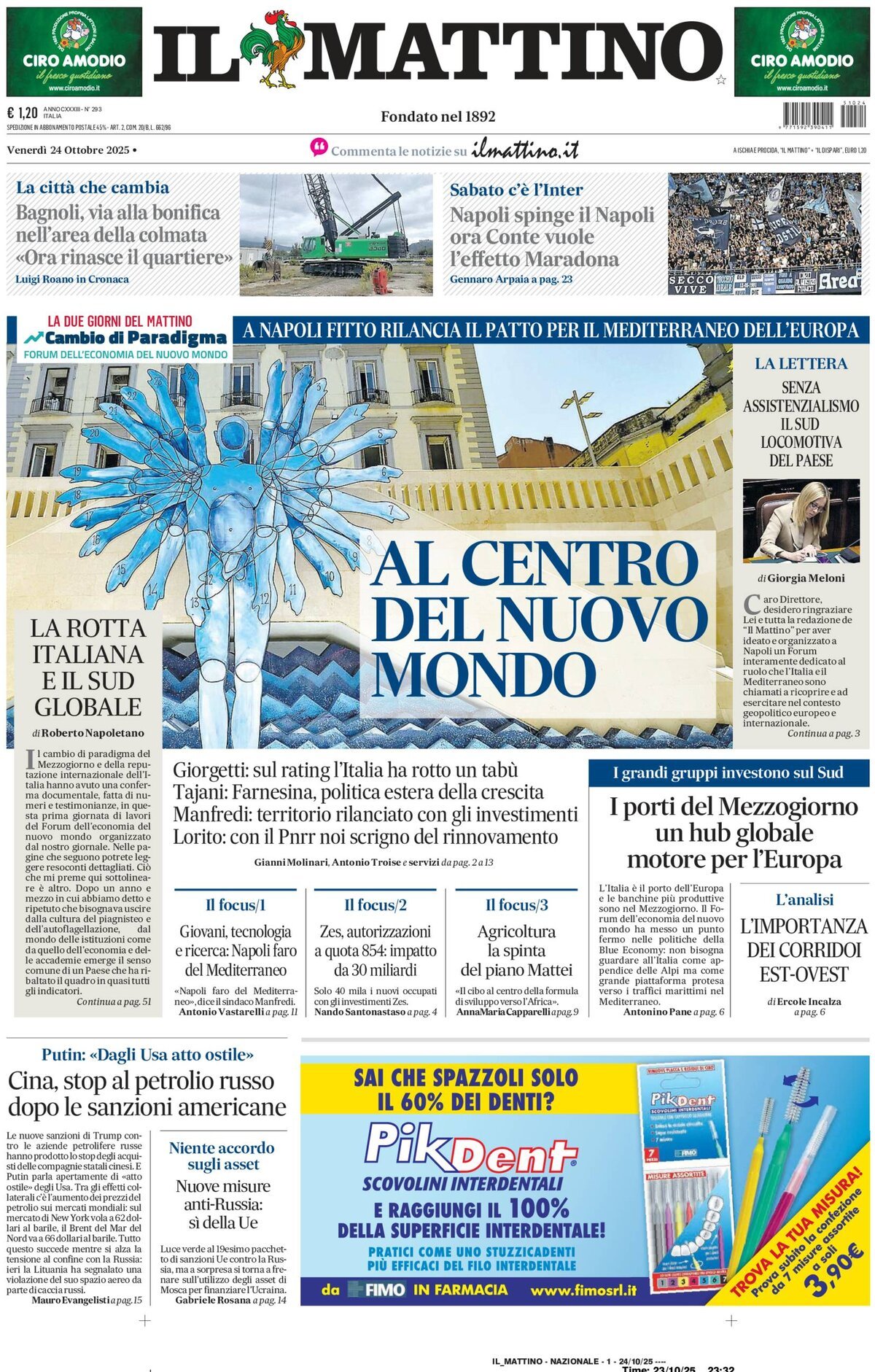 Il Mattino prima pagina di oggi 
            Edizione di Oggi, Venerdì 24 Ottobre 2025